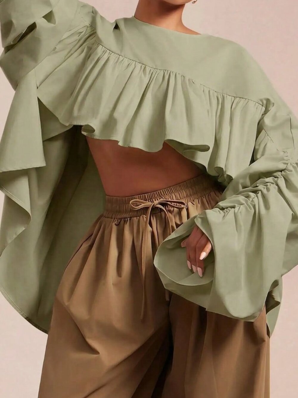 Green Casual Women's Woven Ruched Front Short-Front Long-Back Ruffle Blouse